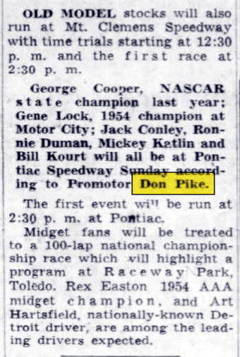 Don Pike Speedway (Pontiac Speedway) - May 1955 Article About Don Pike